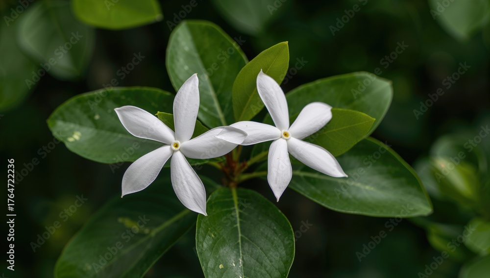 Fototapeta premium Pinwheel flower with lush green foliage in the background, showcasing white blossoms in a natural setting during spring and summer