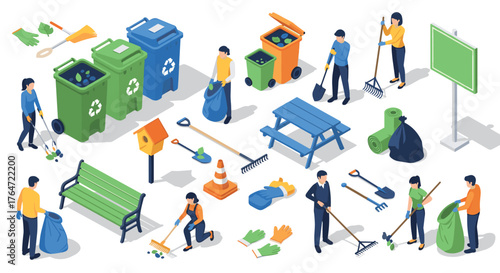 Community cleanup event with volunteers collecting waste and recycling outdoors in isometric style