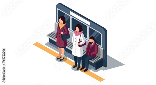 Commuters in isometric urban subway environment