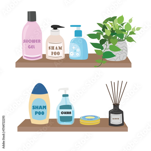 Bathroom Shelf Clipart Set in flat cartoon style. Cosmetic cliparts with Shampoo, Shower Gel, Soap, and Diffuser Bottles. Skincare products vector. Toiletries clipart.