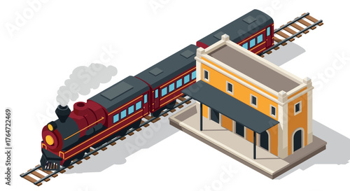 Isometric steam train at station with yellow building and tracks