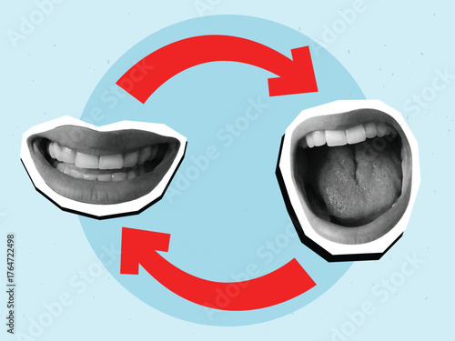 A change of emotions from a smile to a scream – smiling lips and an open mouth. Joy and aggression. Modern collage style. Vector illustration