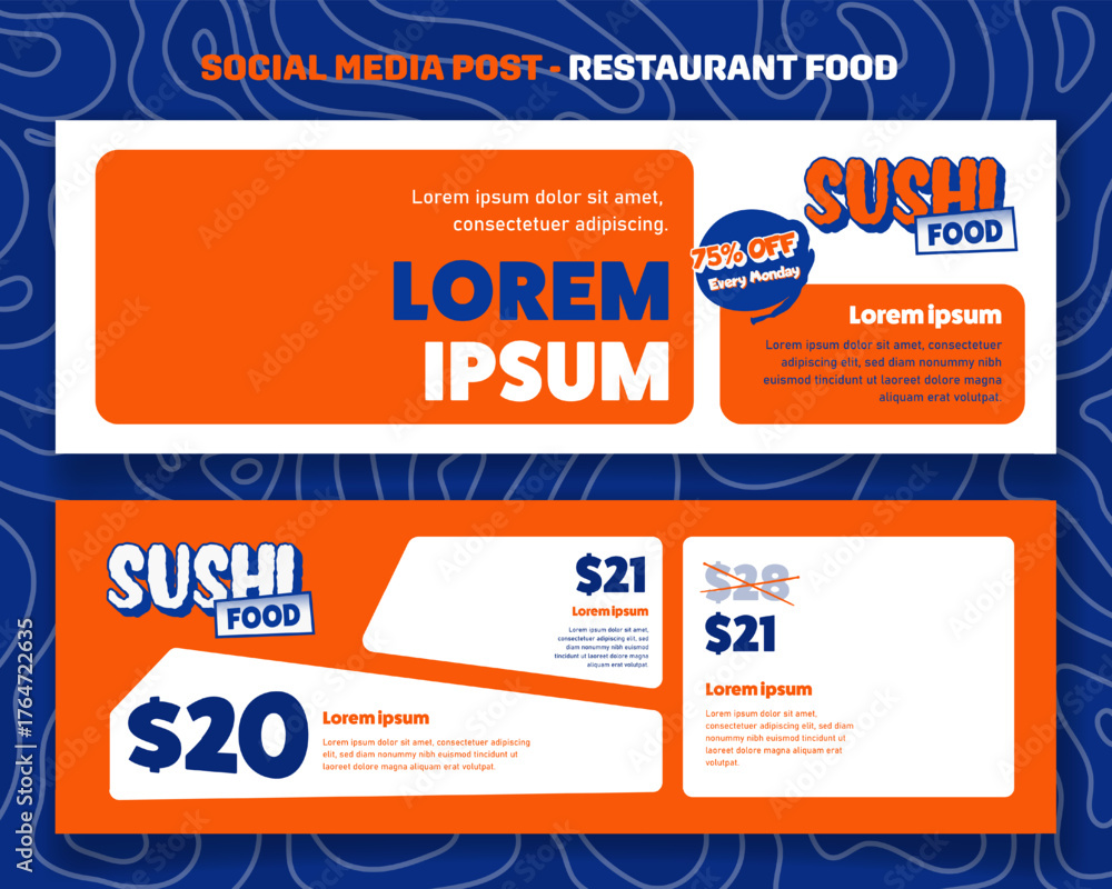 Obraz premium Sushi landscape banner post template with sushi price in blue orange and white background for sushi restaurant campaign design