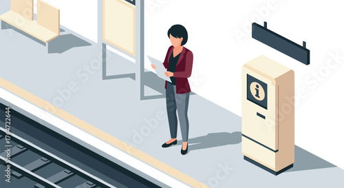 Isometric train platform scene with person reading information