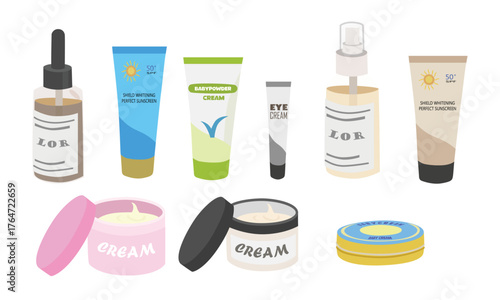 Skincare product clipart set in cartoon style. Vector set of skincare and cosmetic products, face cream, serum, sunscreen, eye cream and lotion bottles in flat design.  Toiletries vector.
