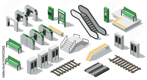 Isometric urban transport elements with escalators, turnstiles, and benches