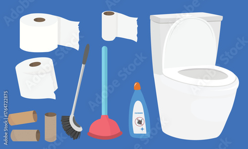 Toilet vector set in cartoon style. Bathroom equipment and accessories clipart including toilet, brush, plunger, toilet paper roll. Flat vector isolated.