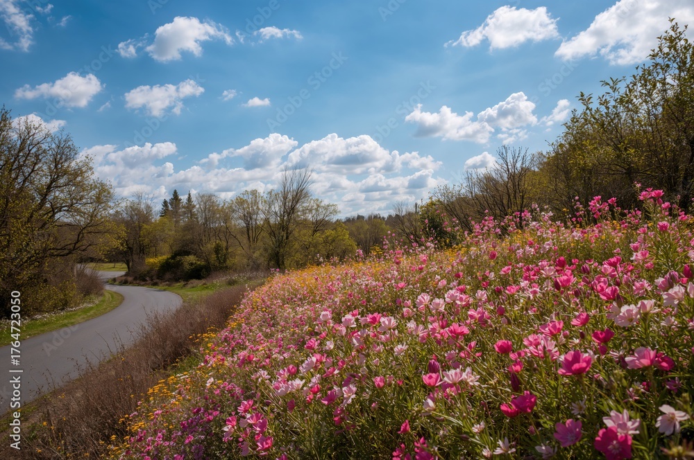 Fototapeta premium Roadside scenery adorned with spring blossoms