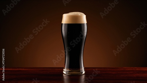 Dark bar setting with a glass of stout beer