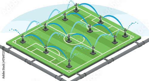 Isometric soccer field irrigation system with automatic sprinklers