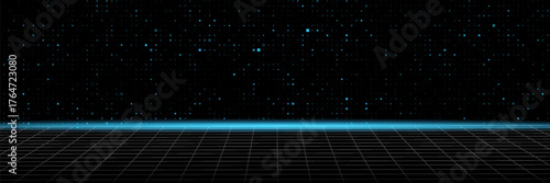 Retro cyberpunk style 80s game scene pixel art 8-bit sci-fi background. glowing neon grid and stars from vintage arcade computer games.