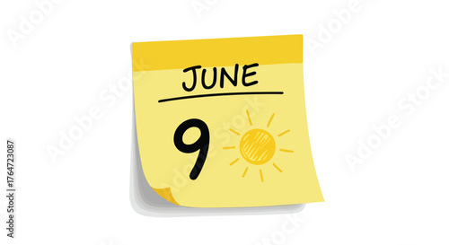 Illustration of yellow calendar page on June 9th with a sun symbol representing summertime brightness and seasonal schedules
