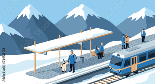 Snowy mountain train station with families in winter scene