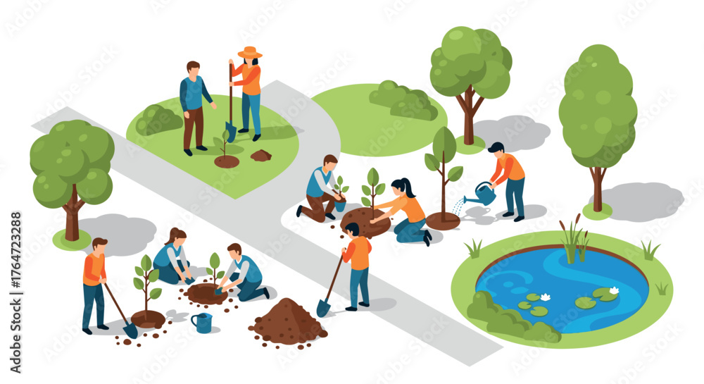 Fototapeta premium Community volunteers planting trees in park with pond in isometric design