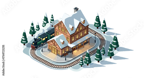 Cozy snowy train station in winter forest with vintage train on circular track