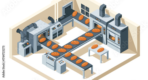 Isometric bakery production line with conveyor belt and bread loaves