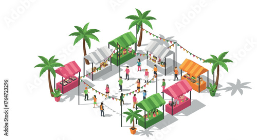 Colorful isometric outdoor market scene with palm trees and festive atmosphere