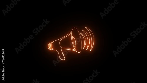 Neon orange Megaphone Icon Announcement Sound Wave Communication Alert Symbol. Glowing neon megaphone announcing to people symbols on black background.