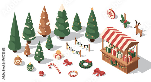 Festive christmas market scene with trees and decorations in isometric style