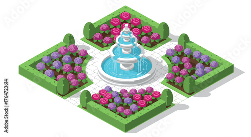 Elegant isometric garden with center fountain and colorful flowers