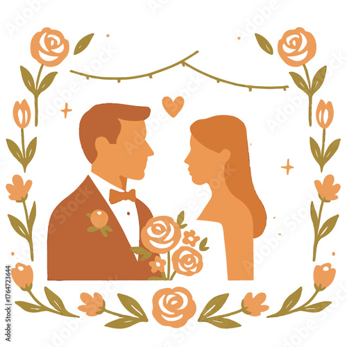 A stylized illustration of a couple facing each other, dressed formally for a romantic or wedding occasion. The man wears a suit with a bow tie and boutonnière, while the woman has long flowing hair.