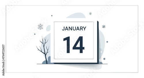 January 14th Date Displayed with Winter Elements Illustrating a Specific Day in the Month of January
