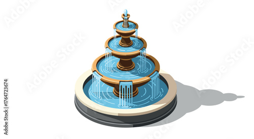 Elegant isometric water fountain with flowing design on white background