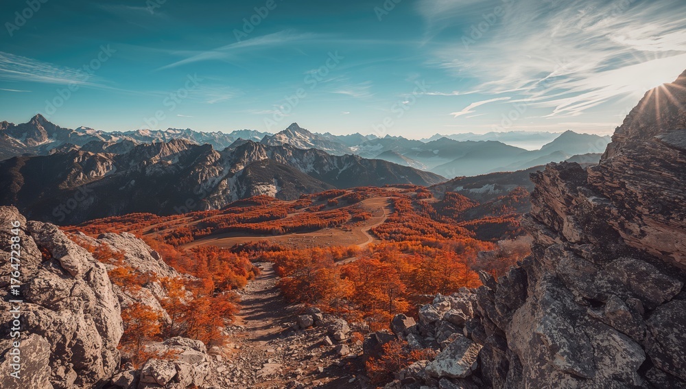 Obraz premium Bright early morning scenery seen from a high mountain route. Vivid fall panorama in a famous alpine region. Photo enhanced with artistic effects.