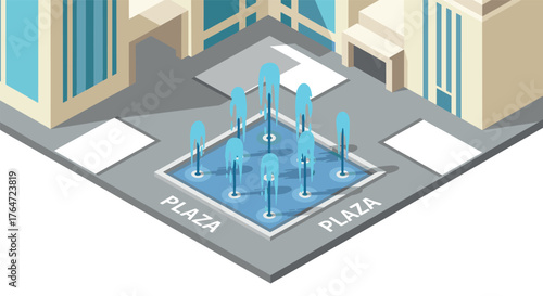 Modern isometric cityscape with water fountain square in urban environment