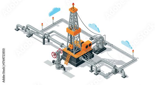 Isometric oil pump jack facility with pipelines and clouds