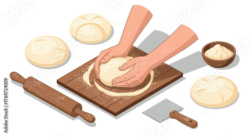 Hands kneading dough on wooden board with baking tools in isometric style