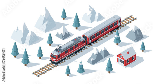 Modern isometric train journey through snowy mountain landscape with pine trees