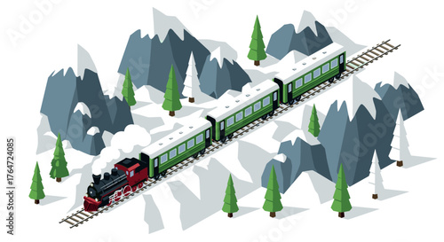 Isometric winter train journey through snowy mountain landscape with pine trees