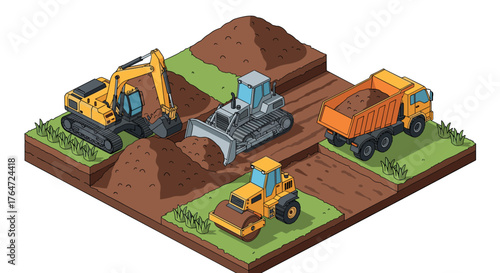 Construction vehicles on site: isometric art of machinery and earthmoving equipment