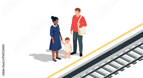 Family waiting by train tracks in minimalistic isometric style with bright colors