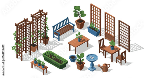 Isometric garden furniture and plants with modern trellises and planters