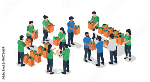 Isometric community teamwork: people collaborating to provide support and distribute vegetables