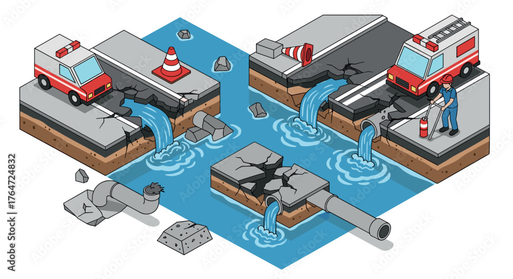 Obraz premium Urban infrastructure crisis with emergency response and flooded streets in isometric style