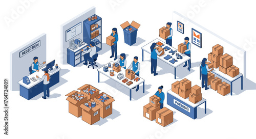 Warehouse packing and distribution isometric illustration of inventory management