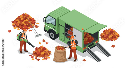 Isometric autumn leaf cleanup scene with workers and truck