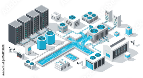 Modern isometric data center with cooling system and server equipment