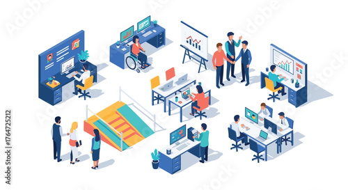 Modern workplace diversity in isometric office setting