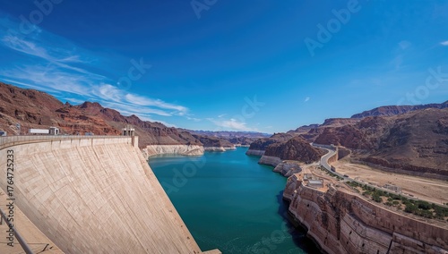 View of a massive dam and adjacent reservoir from the recently constructed bypass bridge.