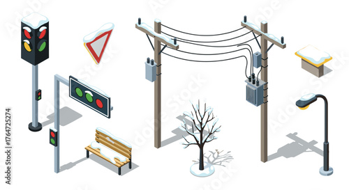 Winter urban elements in isometric style for city planning and design