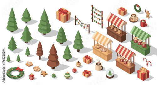 Festive isometric christmas market stalls with trees, gifts, and holiday decor