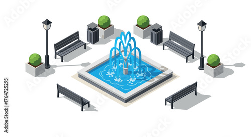 Isometric park scene with fountain, benches, and street lamps