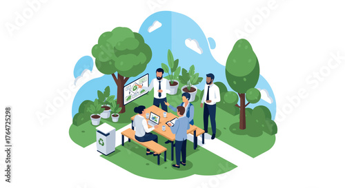 Isometric team meeting outdoors with eco-friendly business presentation