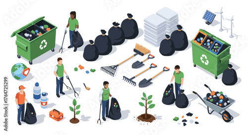 Eco-friendly isometric recycling and cleanup activity with diverse volunteers