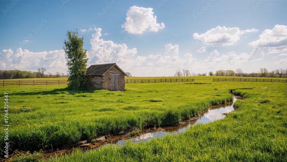 Obraz premium Rural farm field with fence and springhouse amidst lush grass