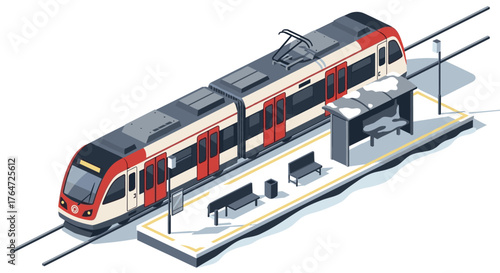 Modern isometric train on urban platform with snow-covered shelter